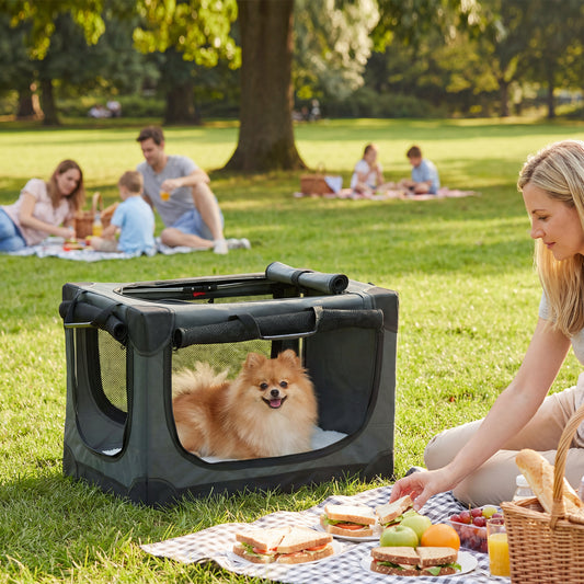 PawHut Soft Dog Crate Pet Travel Crate 60 x 42 x 43 cm with Removable Pad Mesh Window Army Green