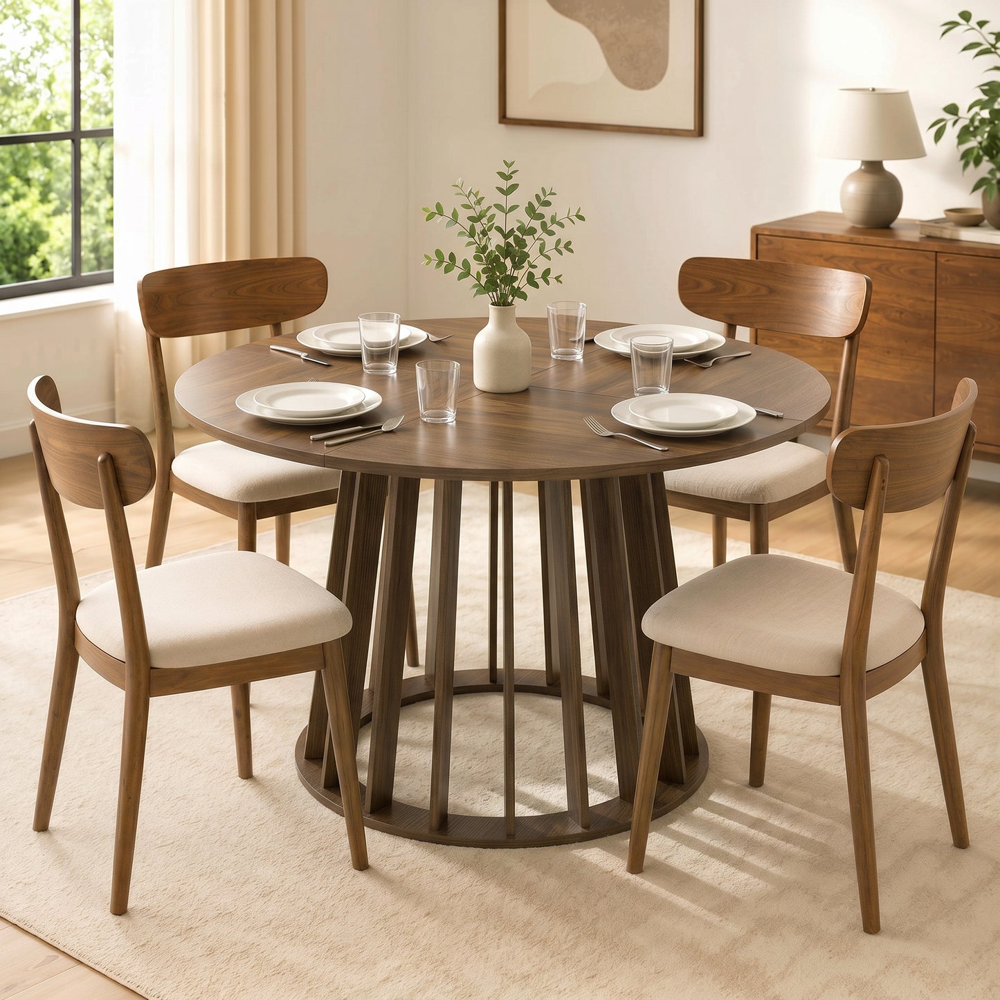 HOMCOM Dining Table for 4-6 People Modern Kitchen Table with Slatted Base 120 cm Round Light Walnut