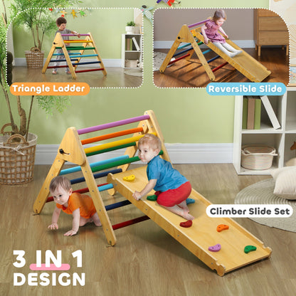 AIYAPLAY Toddler Climbing Frame for Kids, with Ramp, 3-in-1 Wooden Pikler Triangle Set for 18-48 Months, Multicolour