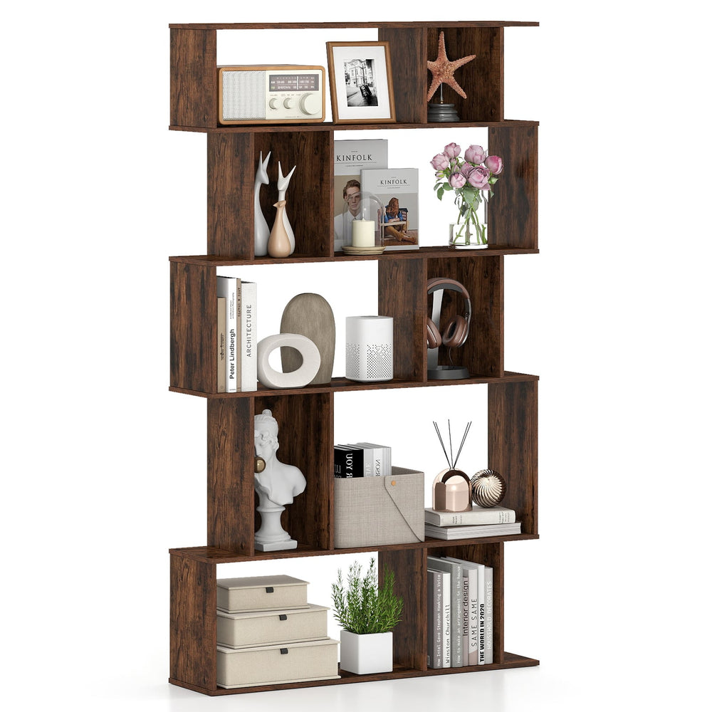 Geometric Bookshelf 5-Tier Bookcase with Open Shelves and Closed-back Cubes-Rustic Brown