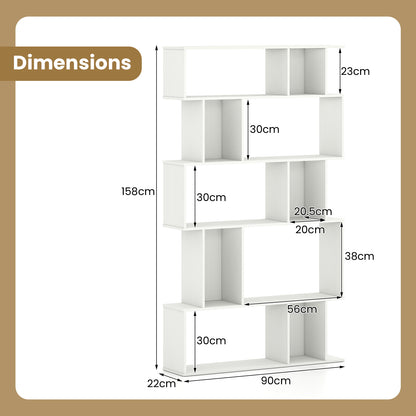 Geometric Bookshelf 5-Tier Bookcase with Open Shelves and Closed-back Cubes-White