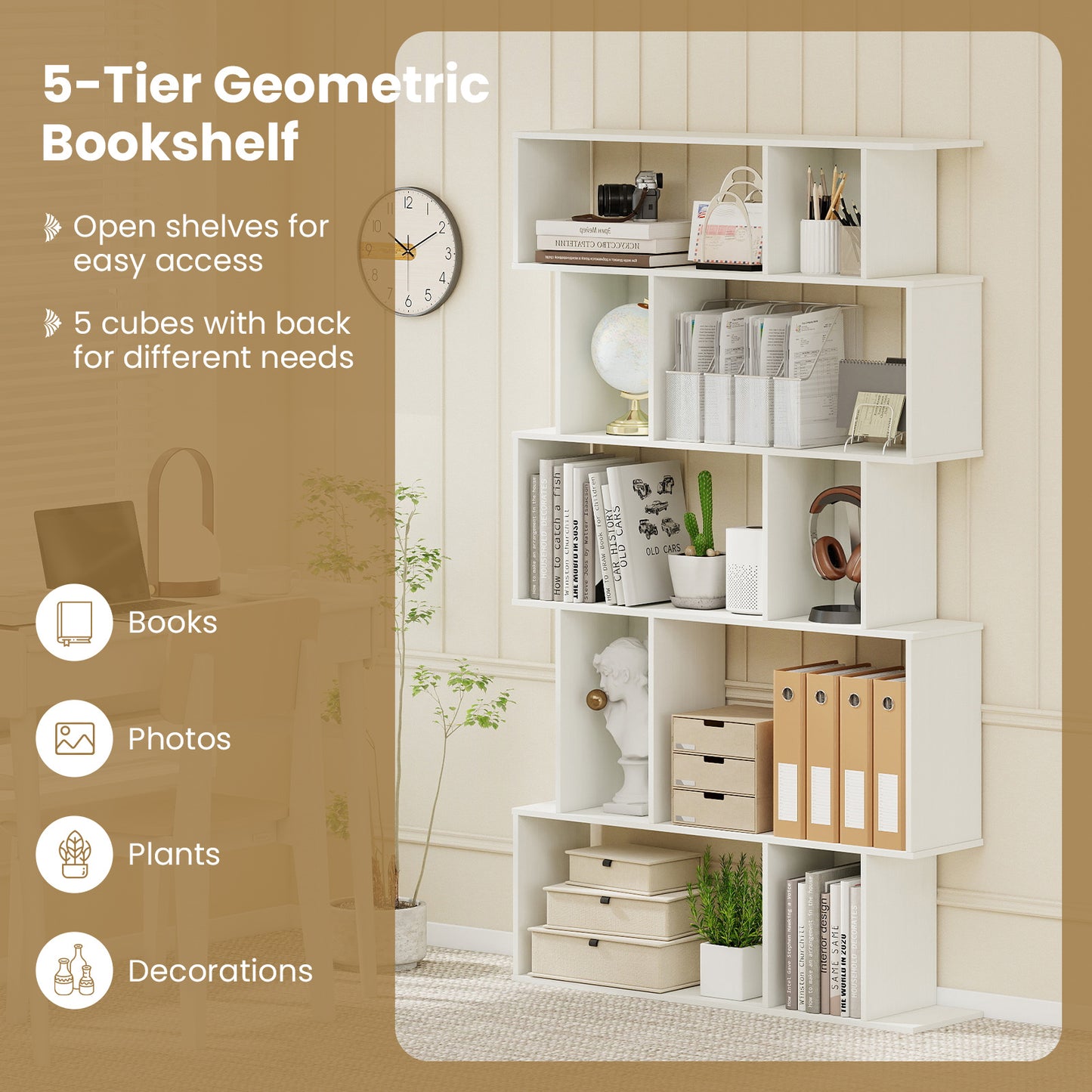 Geometric Bookshelf 5-Tier Bookcase with Open Shelves and Closed-back Cubes-White