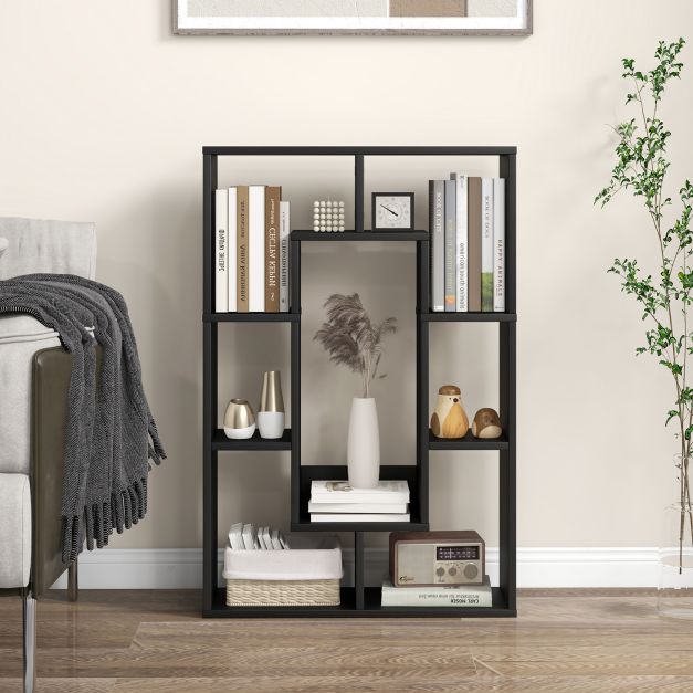 7-Cube Geometric Bookshelf Open Bookcase with Anti-Toppling Device-Black