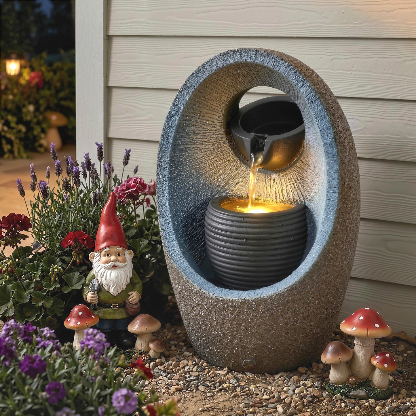 Outsunny Water Feature with 2-Tier Bowls, Garden Water Fountain with Pump and LED Lights, Resin Cascading Waterfall