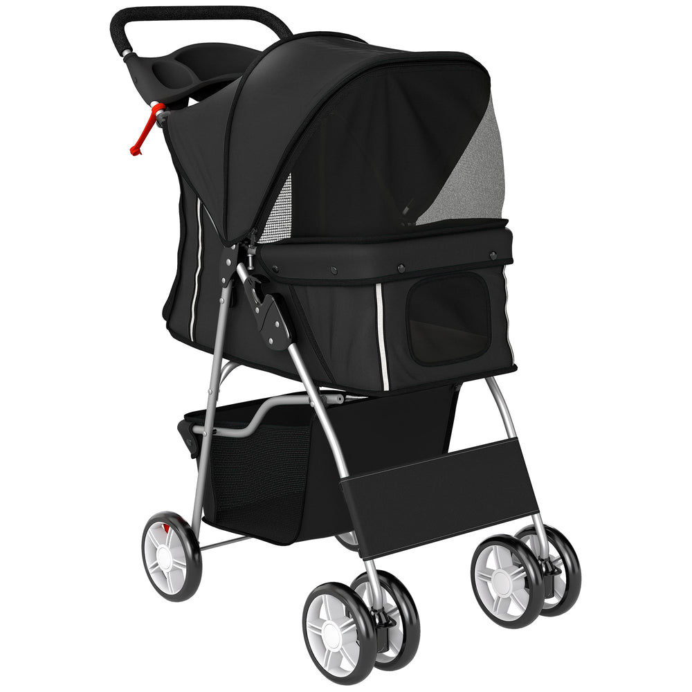 PawHut Dog Pram, Pet Stroller with Reflective Strips, Foldable Cat Stroller with 360 degrees Swivel Wheels, Black