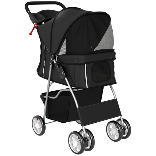 PawHut Dog Pram, Pet Stroller with Reflective Strips, Foldable Cat Stroller with 360 degrees Swivel Wheels, Black