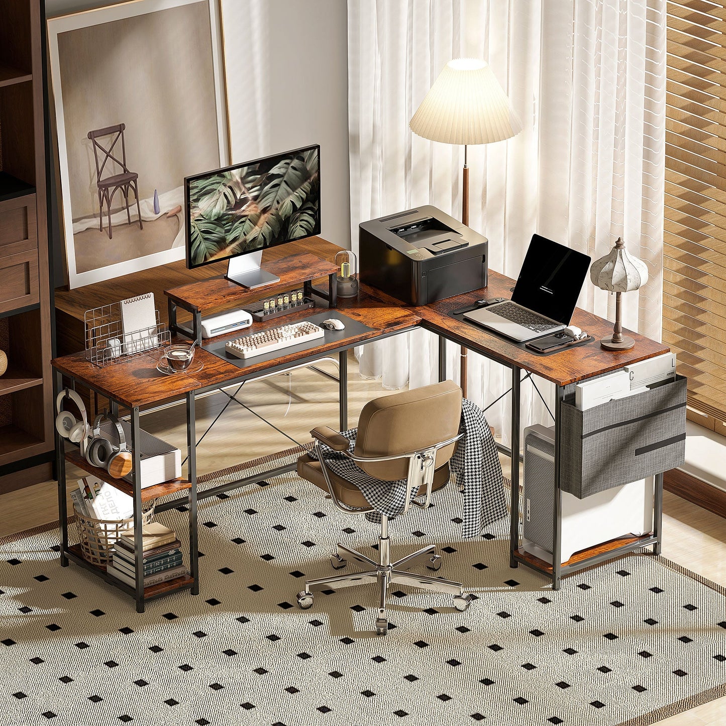 HOMCOM 168cm Reversible L Shaped Desk, Industrial Corner Computer Desk with Adjustable Shelf and Storage Bag, 240cm 2 Person PC Table with Monitor Stand, Rustic Brown