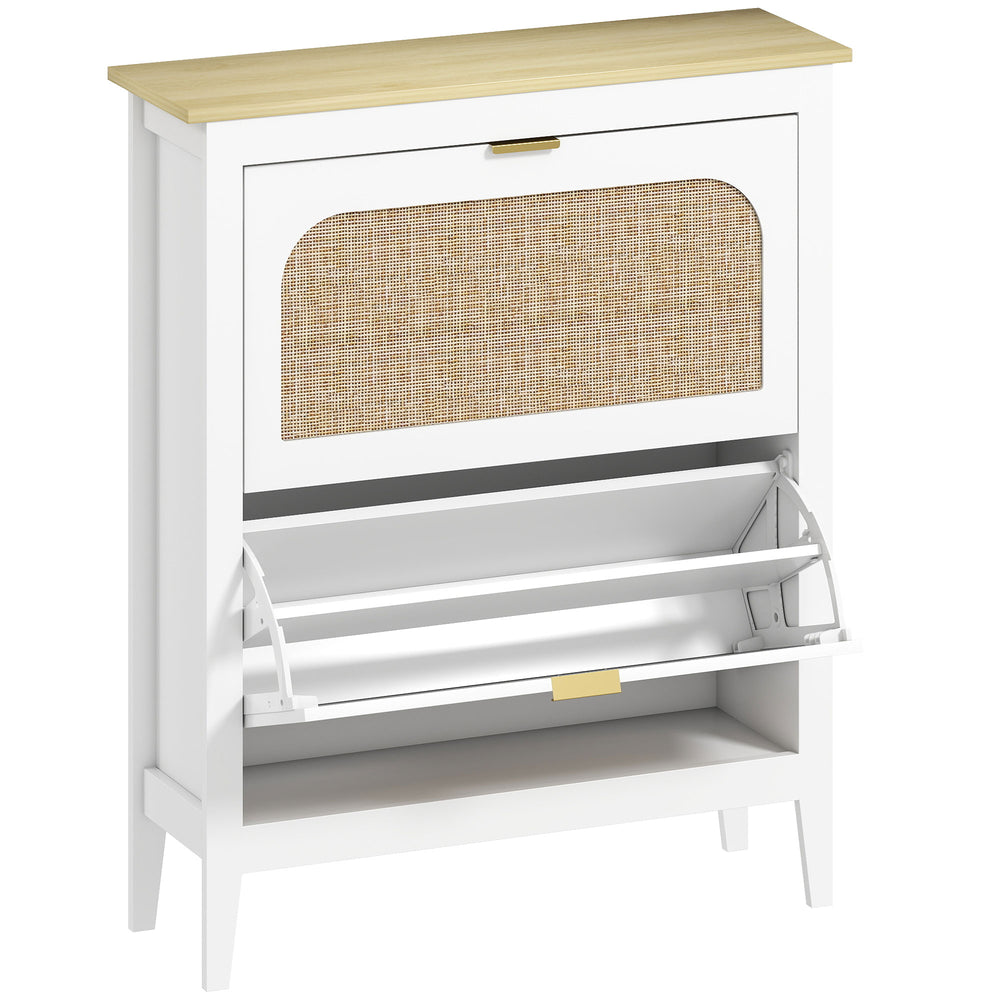HOMCOM Narrow Shoe Cabinet, Boho Slim Shoe Storage Cabinet with 2 Flip Drawers, Holds 14 Pairs, White
