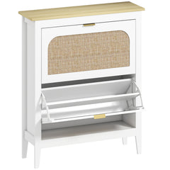 HOMCOM Narrow Shoe Cabinet, Boho Slim Shoe Storage Cabinet with 2 Flip Drawers, Holds 14 Pairs, White