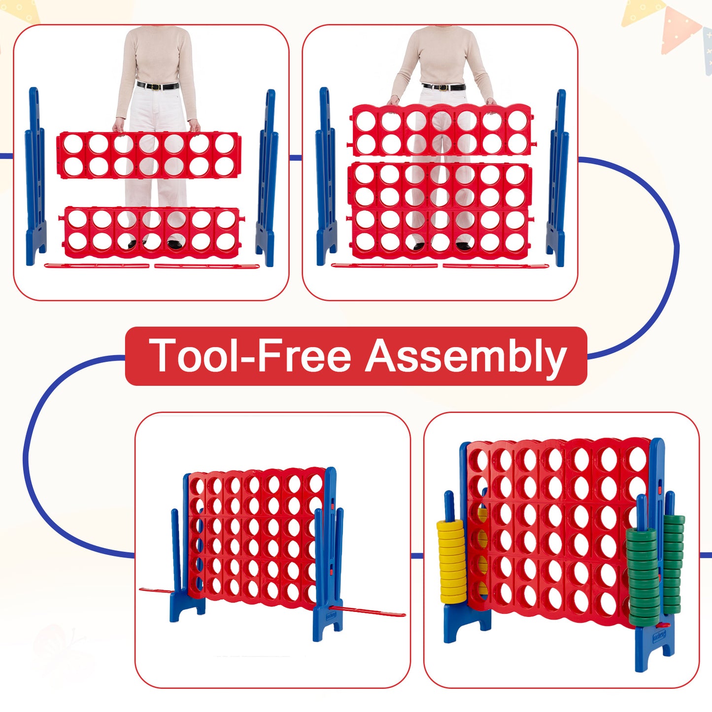 Giant 4-in-a-Row Game Set Jumbo 4-to-Score Game with 42 Rings and Quick-Release Slider-Red