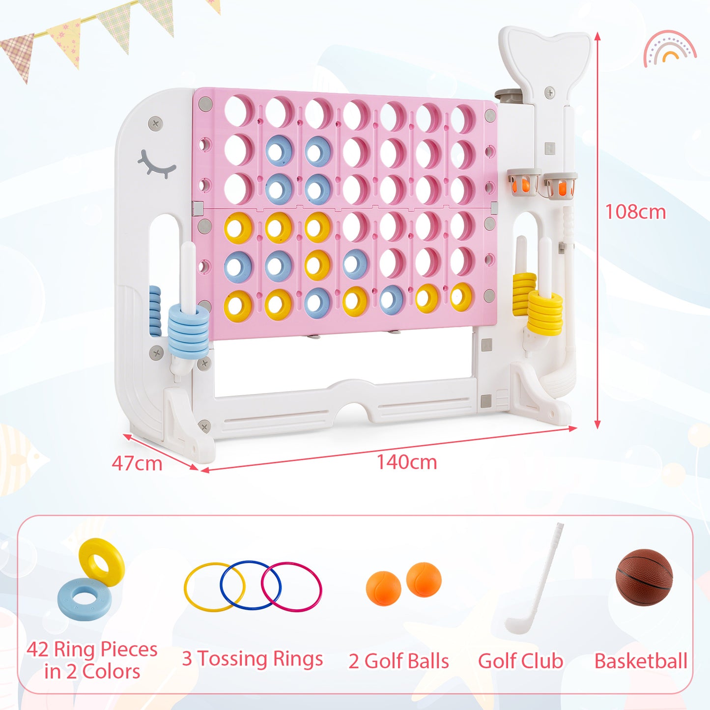 Giant 4-to-Score Game Set Jumbo Connect Four Game with Ring-toss-Pink