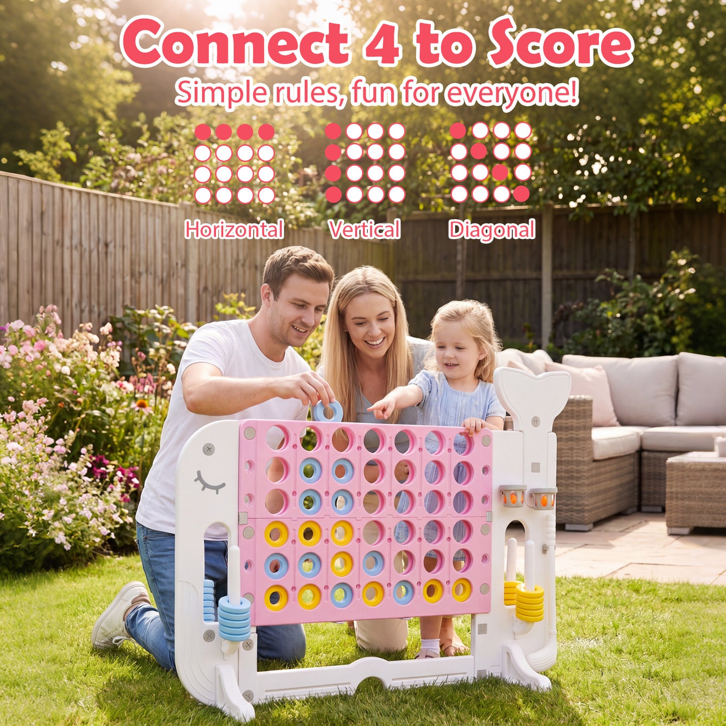 Giant 4-to-Score Game Set Jumbo Connect Four Game with Ring-toss-Pink