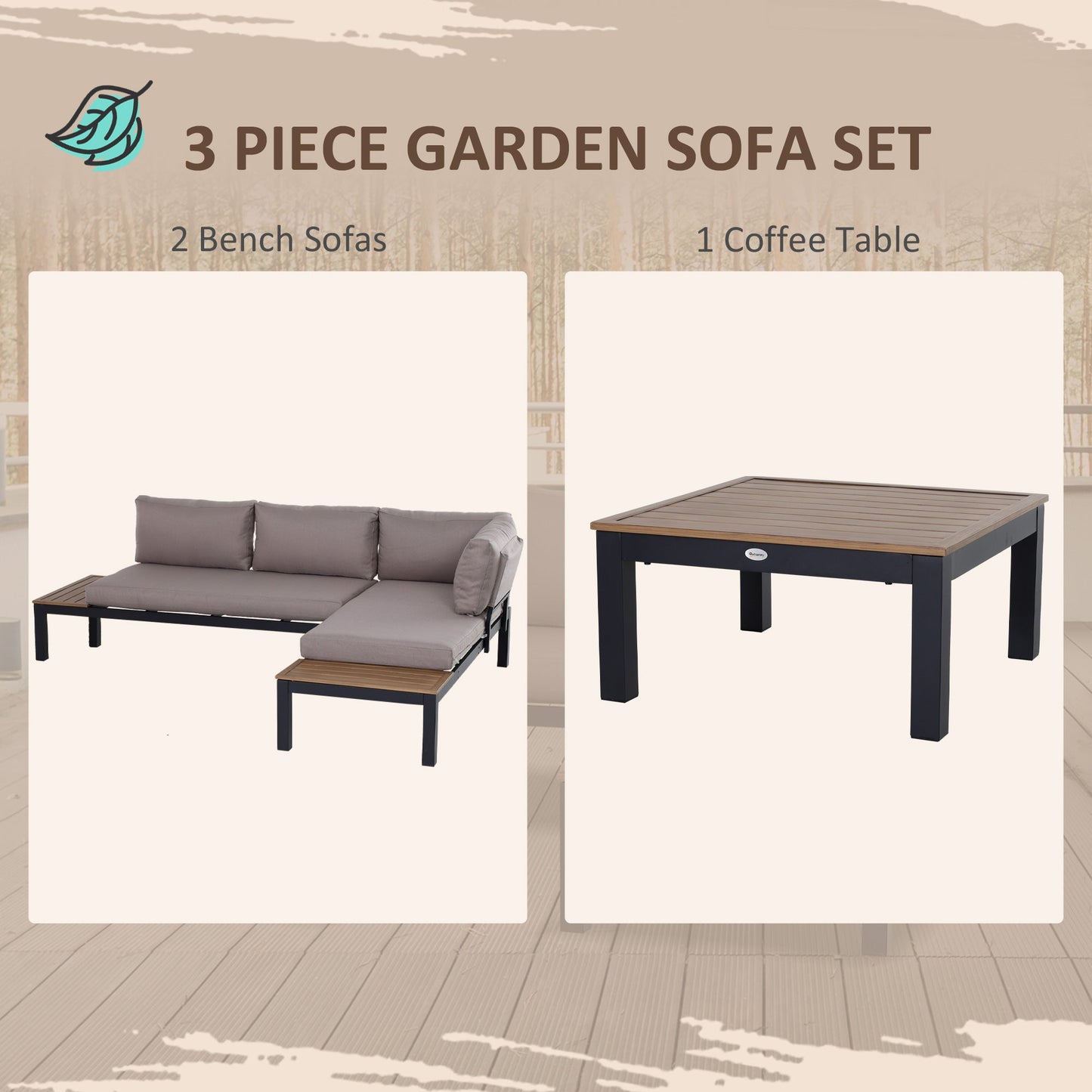 Outsunny 3 Pieces Garden Furniture Set, Aluminium 4 Seater Corner Sofa Set with 2 Loveseats, Coffee Table and Side Trays, Outdoor Conversation Furniture with Cushions for Garden, Black