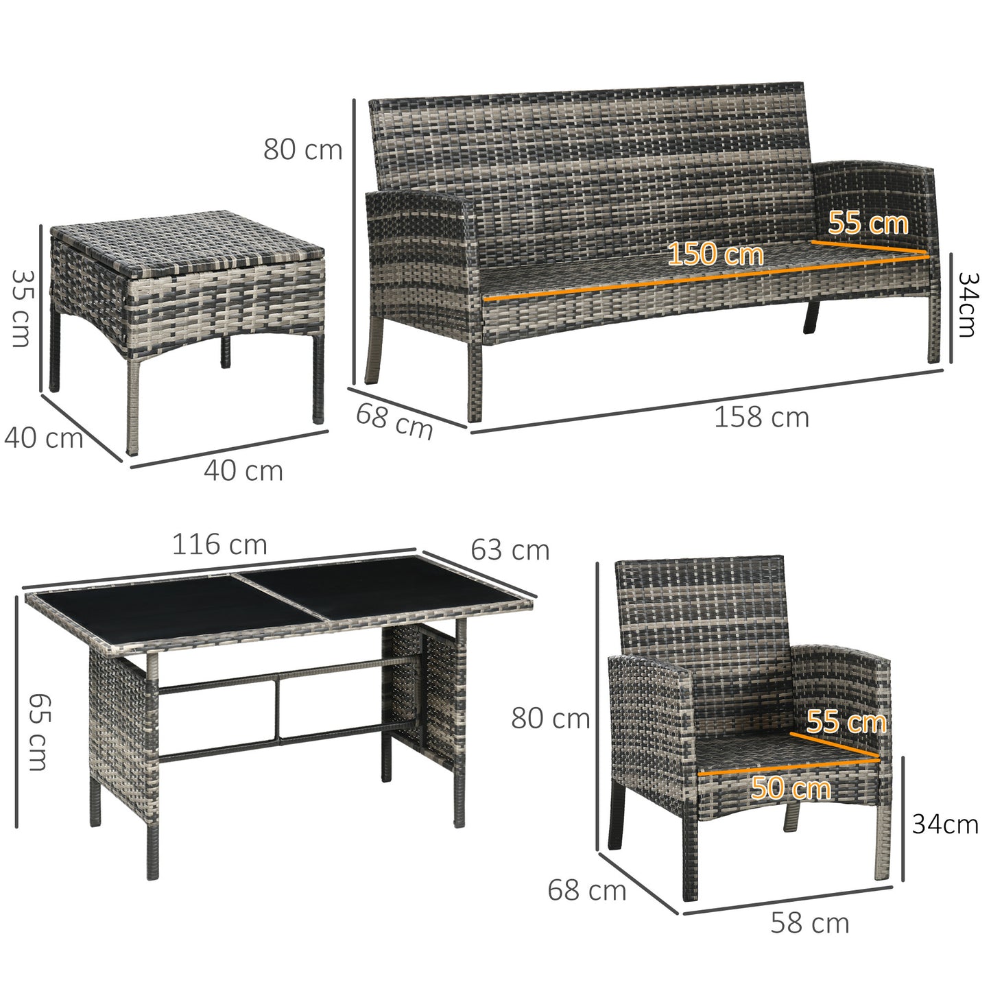 Outsunny 5 Seater Rattan Garden Furniture Set, 2 Armchairs, 3-Seater Wicker Sofa, 2 Footstools and Glass Table, 6 Piece Patio Rattan furniture Sofa Sets with Cushions for Conservatory, Mixed Grey