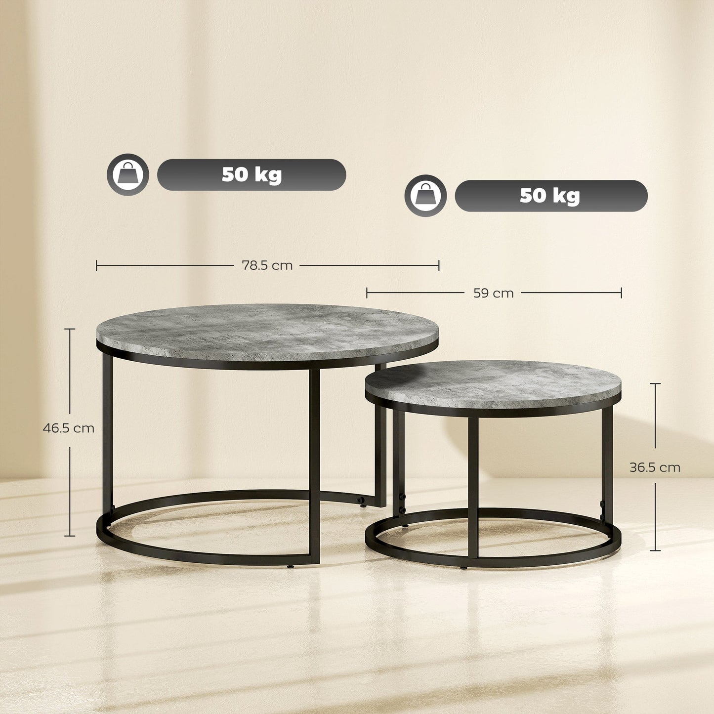 HOMCOM Set of Two Marble-Effect Stacking Tables - Grey/Black