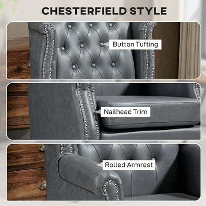 HOMCOM Wingback Accent Chair Tufted Chesterfield-style Armchair with Nail Head Trim for Living Room Bedroom Grey
