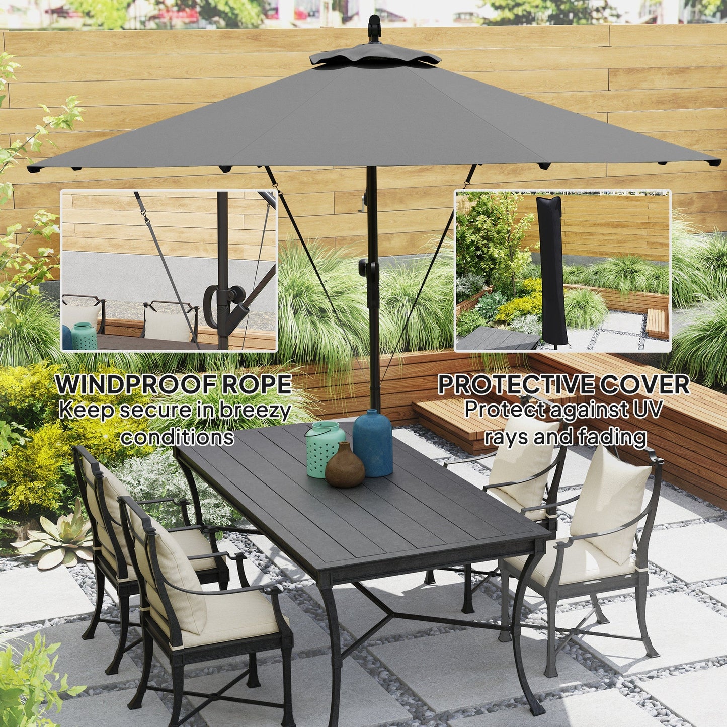 Outsunny 3(m) Garden Cantilever Parasol with Cover and Wind Protection Strap, Round Overhanging Umbrella with Crank Handle and Tilt, Banana Patio Umbrella for Outdoor Sun Shade, UPF50+, Grey