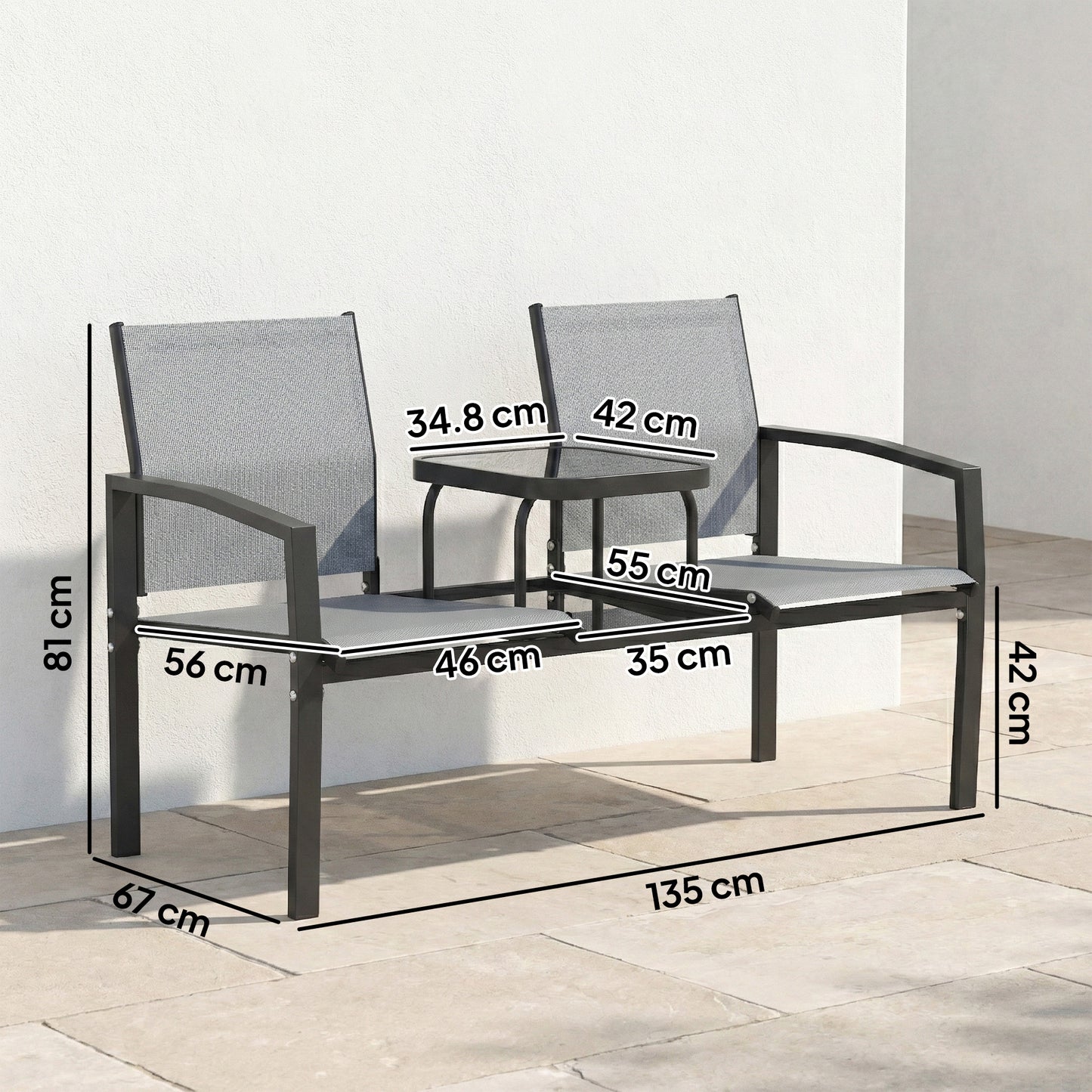 Outsunny Garden Love Seat, 2 Seater Jack and Jill Loveseat Companion Seat with 2-Tier Glass Table, Breathable Texteline, Grey