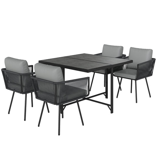 Outsunny 5 Piece Garden Furniture Set, Garden Dining Set with Wood-Plastic Table and 4 Stackable Chairs, Light Grey