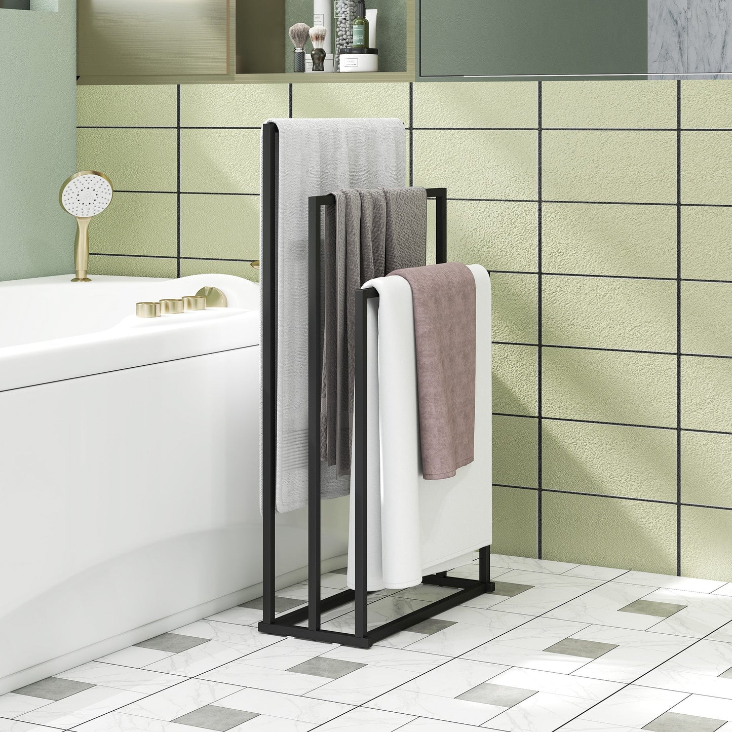 HOMCOM Freestanding Towel Rack, Steel Towel Rail Holder with 3 Bars, Black