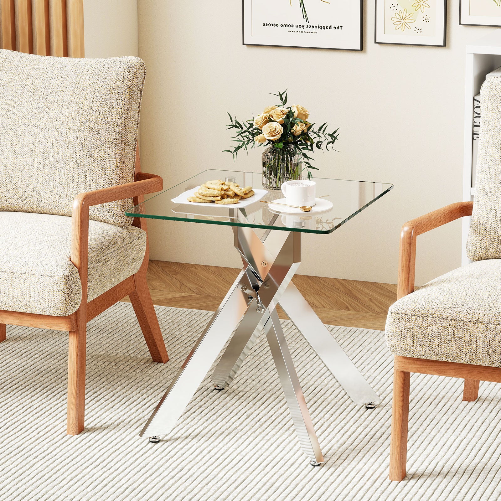 Glass Side Table with Tempered Glass Top and Metal X Base-Silver