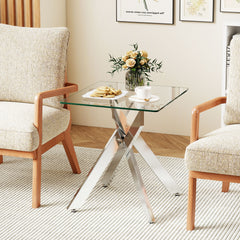 Glass Side Table with Tempered Glass Top and Metal X Base-Silver