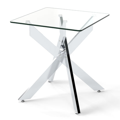 Glass Side Table with Tempered Glass Top and Metal X Base-Silver
