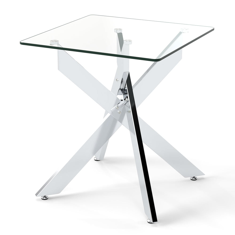 Glass Side Table with Tempered Glass Top and Metal X Base-Silver