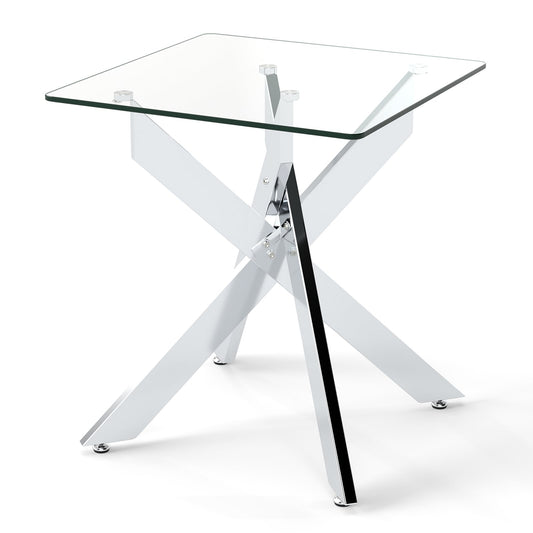 Glass Side Table with Tempered Glass Top and Metal X Base-Silver
