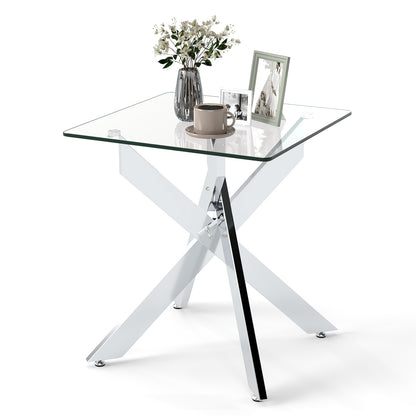 Glass Side Table with Tempered Glass Top and Metal X Base-Silver
