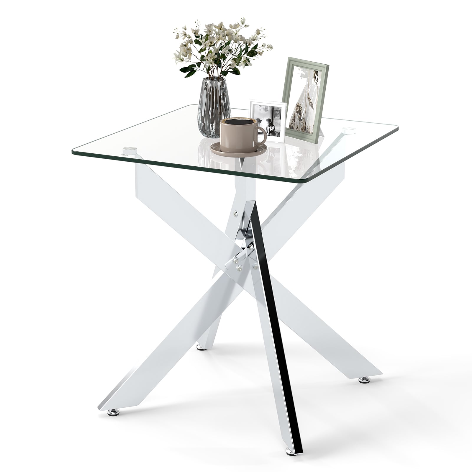 Glass Side Table with Tempered Glass Top and Metal X Base-Silver