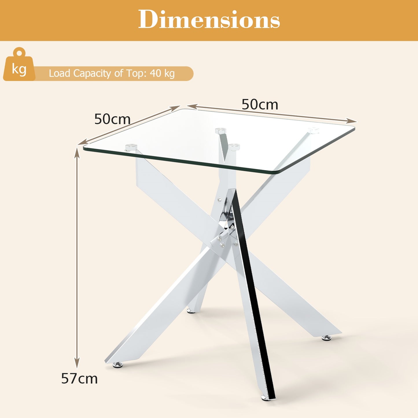 Glass Side Table with Tempered Glass Top and Metal X Base-Silver