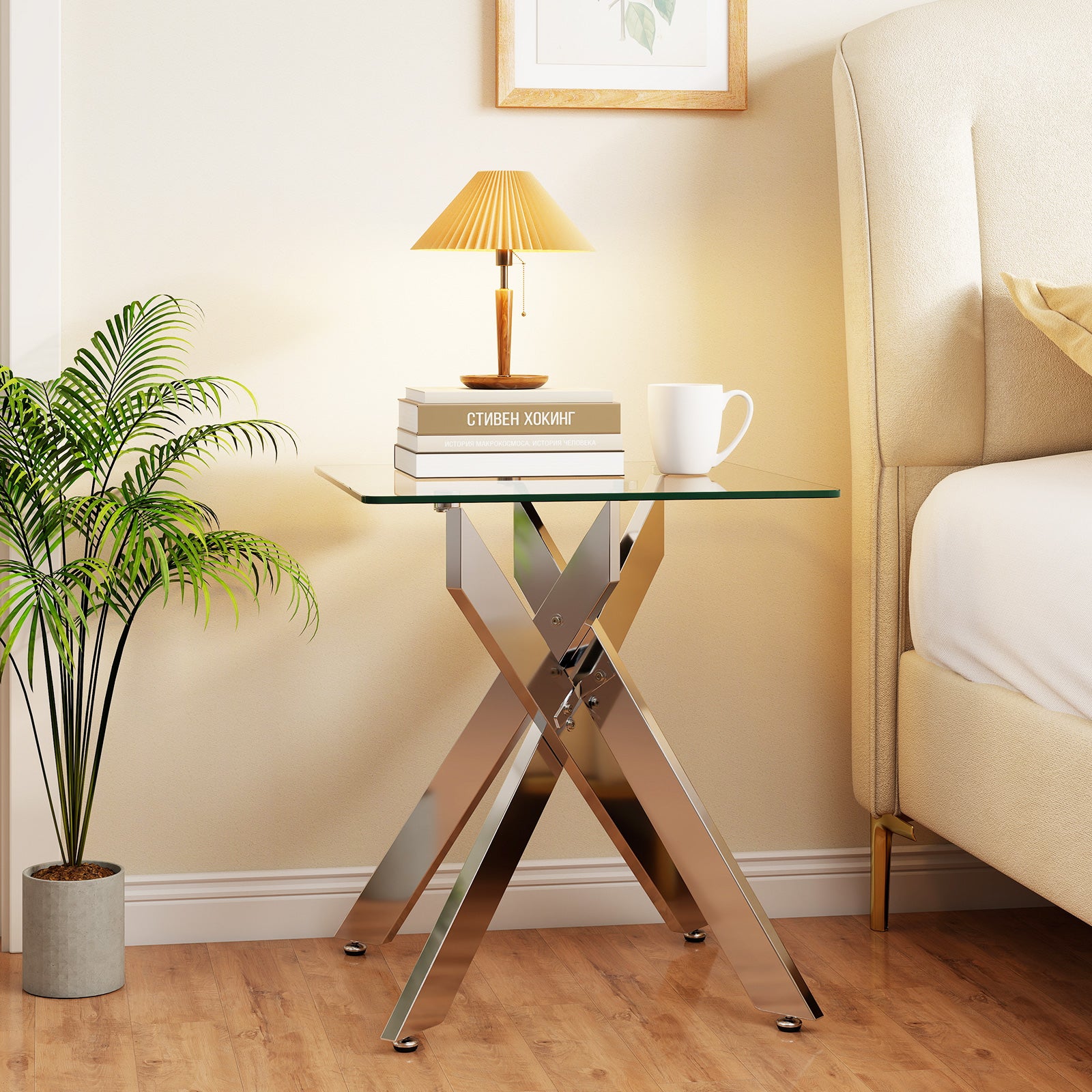 Glass Side Table with Tempered Glass Top and Metal X Base-Silver