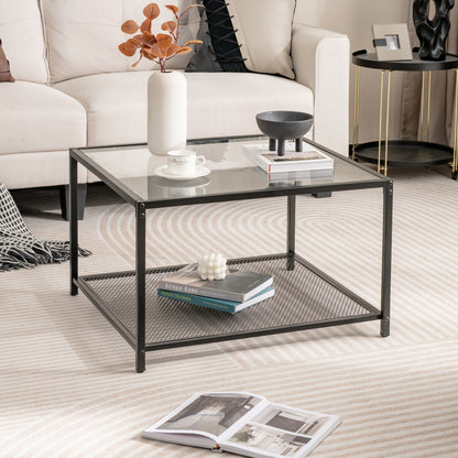 Modern 2-Tier Square Glass Coffee Table with Storage-Black