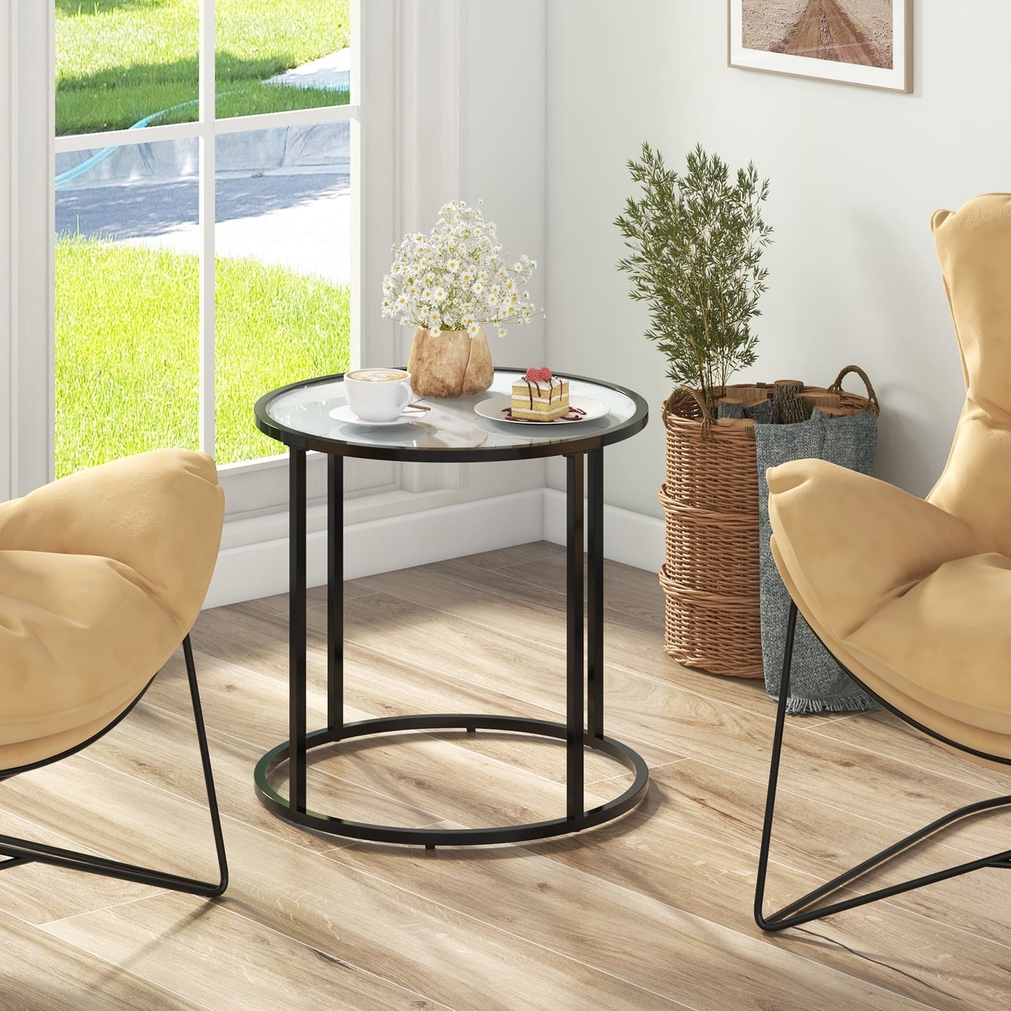 50CM Round Side Table with Metal Frame and Faux Marble Glass Top-White