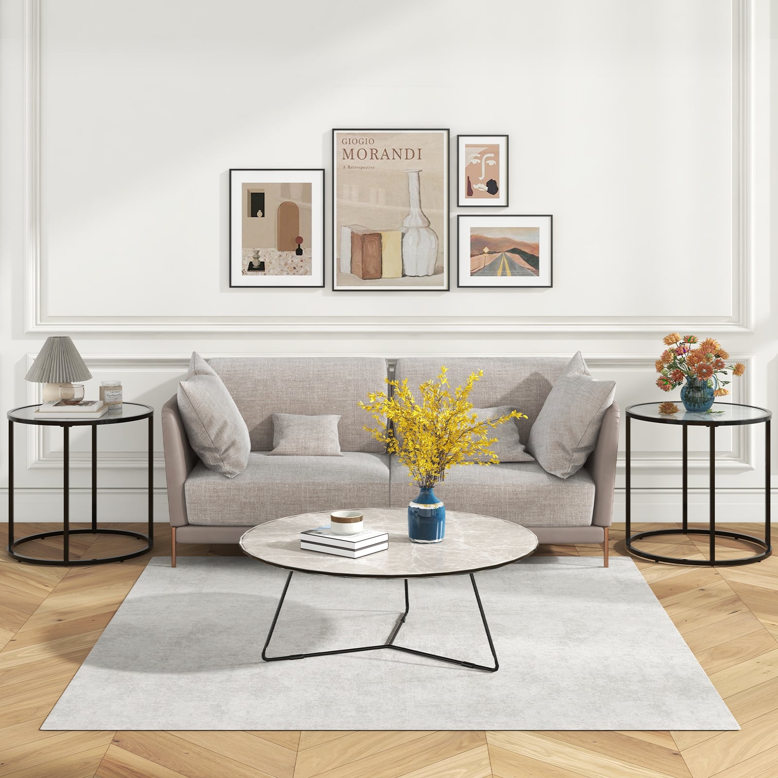 50CM Round Side Table with Metal Frame and Faux Marble Glass Top-White