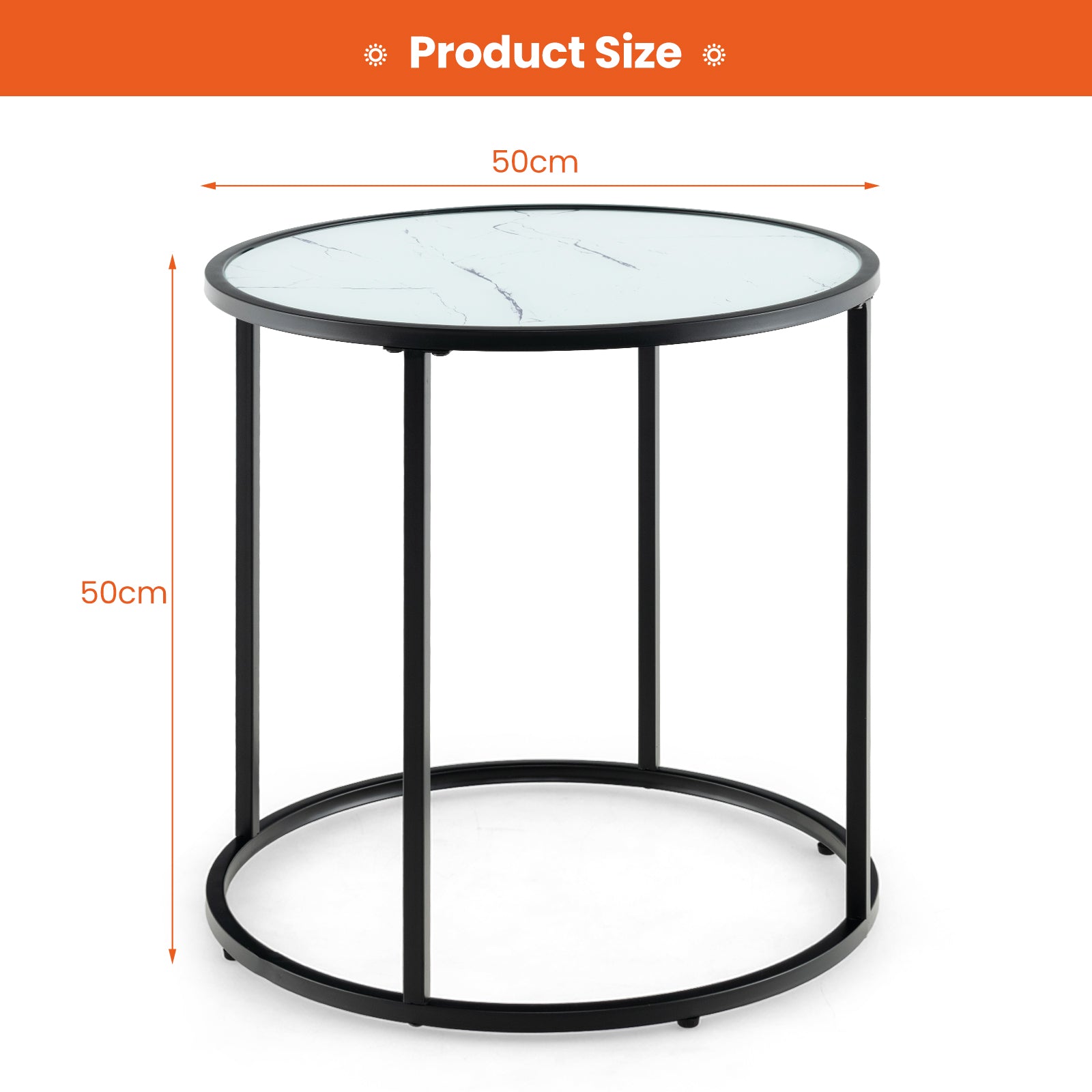 50CM Round Side Table with Metal Frame and Faux Marble Glass Top-White