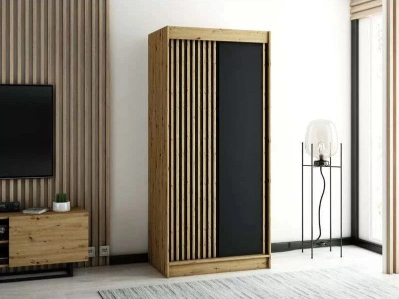 Gloucester 100cm Sliding Door Wardrobe Strips Design - Artisan Oak, Black, White