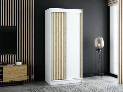 Gloucester 100cm Sliding Door Wardrobe Strips Design - White, Artisan Oak, Black