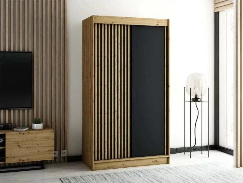 Gloucester 120cm Sliding Door Wardrobe Strips Design - Artisan Oak, Black, White