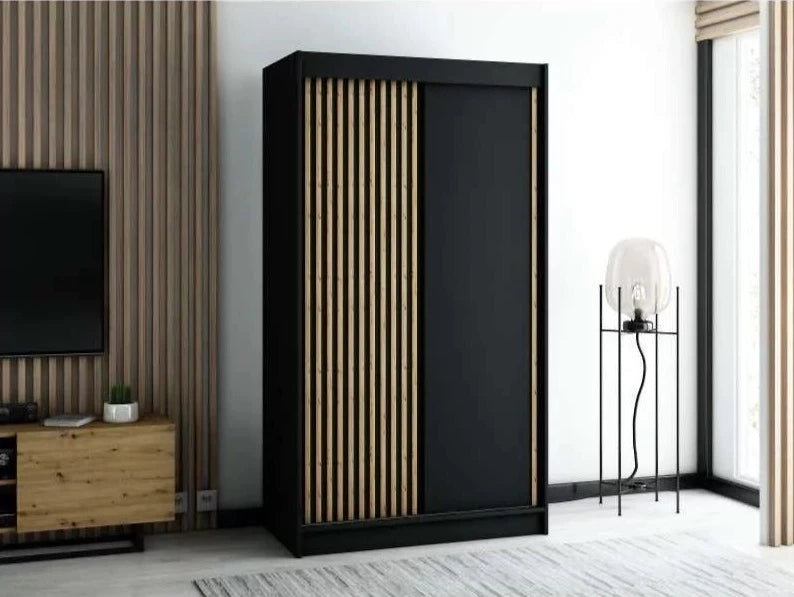 Gloucester 120cm Sliding Door Wardrobe Strips Design - Black, Artisan Oak, White