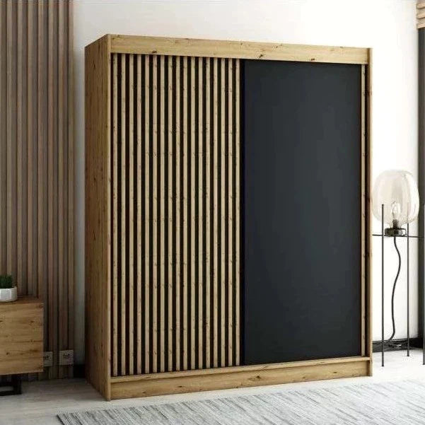 Gloucester 180cm Sliding Door Wardrobe Strips Design - Artisan Oak, Black, White