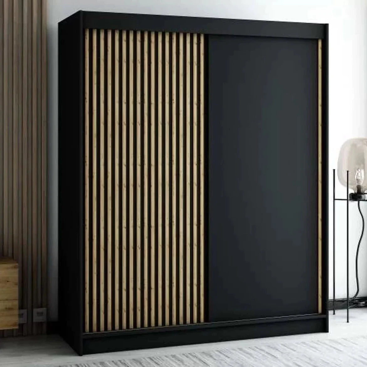 Gloucester 180cm Sliding Door Wardrobe Strips Design - Artisan Oak, Black, White