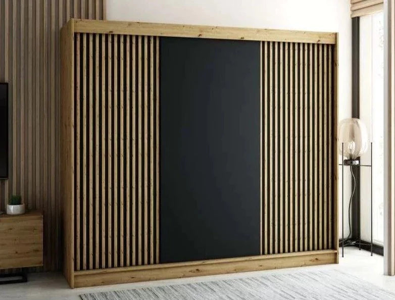 Gloucester 250cm Sliding Door Wardrobe Strips Design - White, Black, Artisan Oak