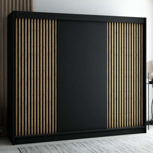 Gloucester 250cm Sliding Door Wardrobe Strips Design - Artisan Oak, Black, White