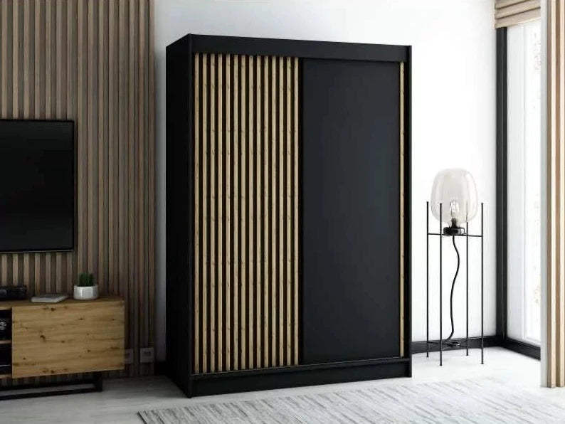 Gloucester 150cm Sliding Door Wardrobe Strips Design - Black, White, Artisan Oak