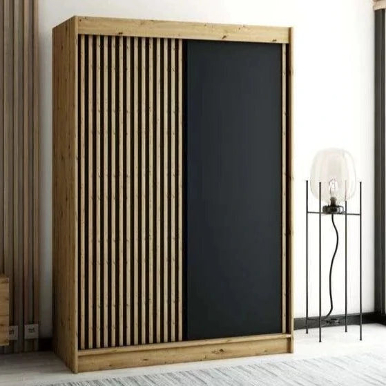 Gloucester 150cm Sliding Door Wardrobe Strips Design - Artisan Oak, Black, White