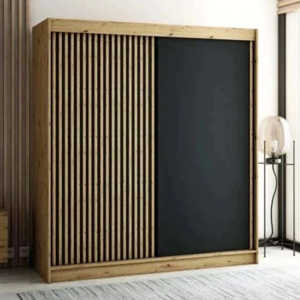 Gloucester 200cm Sliding Door Wardrobe Strips Design - Artisan Oak, Black, White