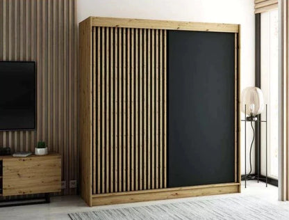 Gloucester 200cm Sliding Door Wardrobe Strips Design - Artisan Oak, Black, White