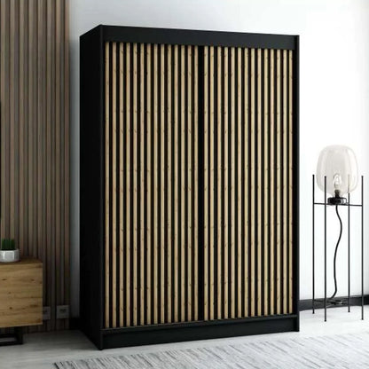 Gloucester I 150cm Sliding Door Wardrobe Strips Design - Artisan Oak, Black, White